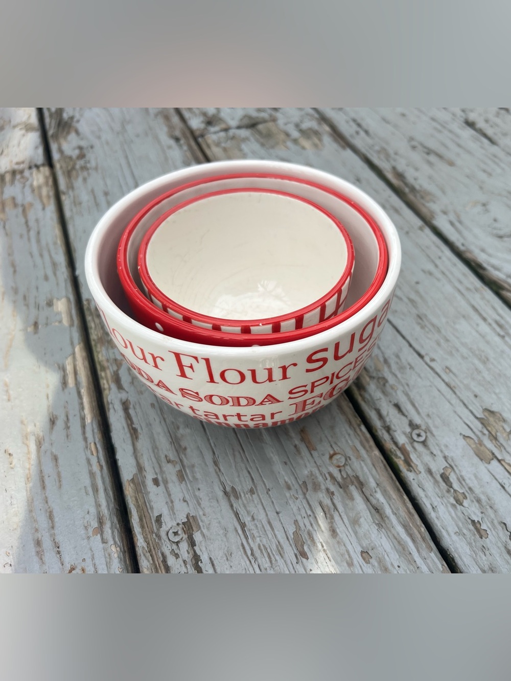 2006 nesting bowls- Boston Warehouse Cream Ceramic Bowl with Red Typography